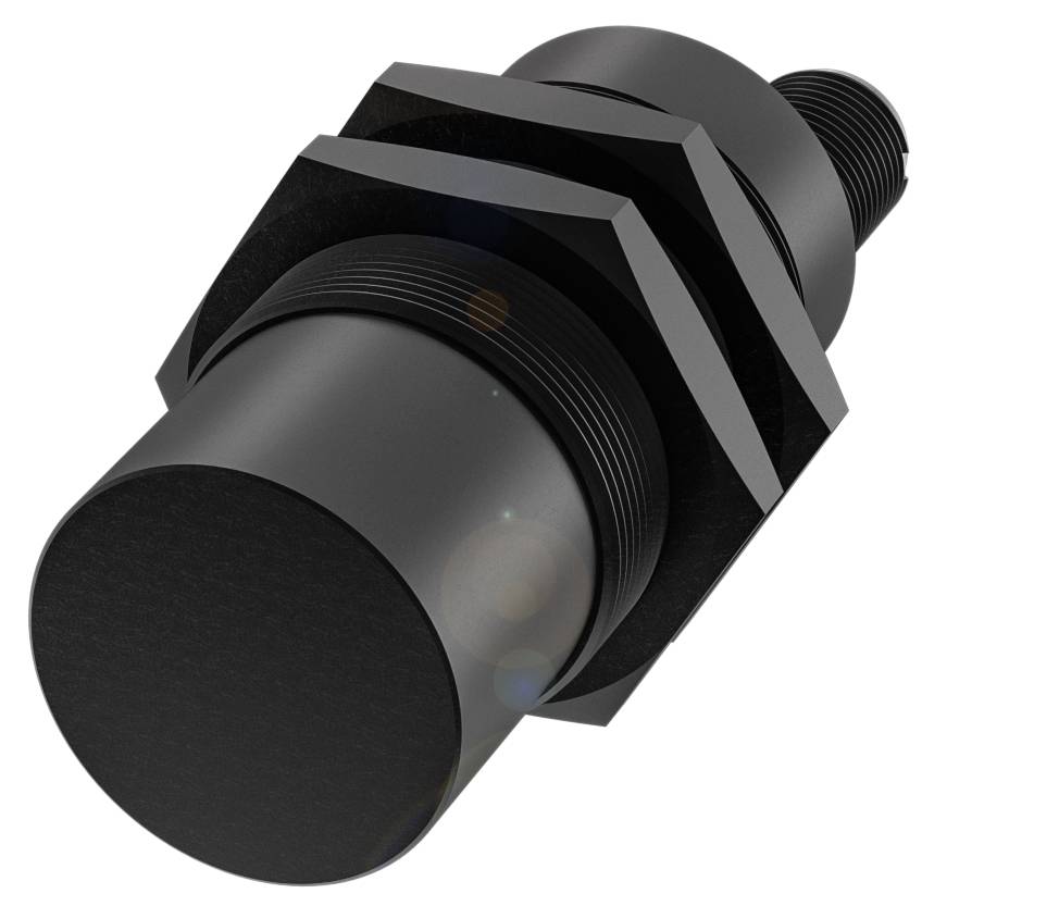 Ein schwarzer zylindrischer Sensor mit Gewinde und zwei Sechskantmuttern, vermutlich für maschinelle Anwendungen.