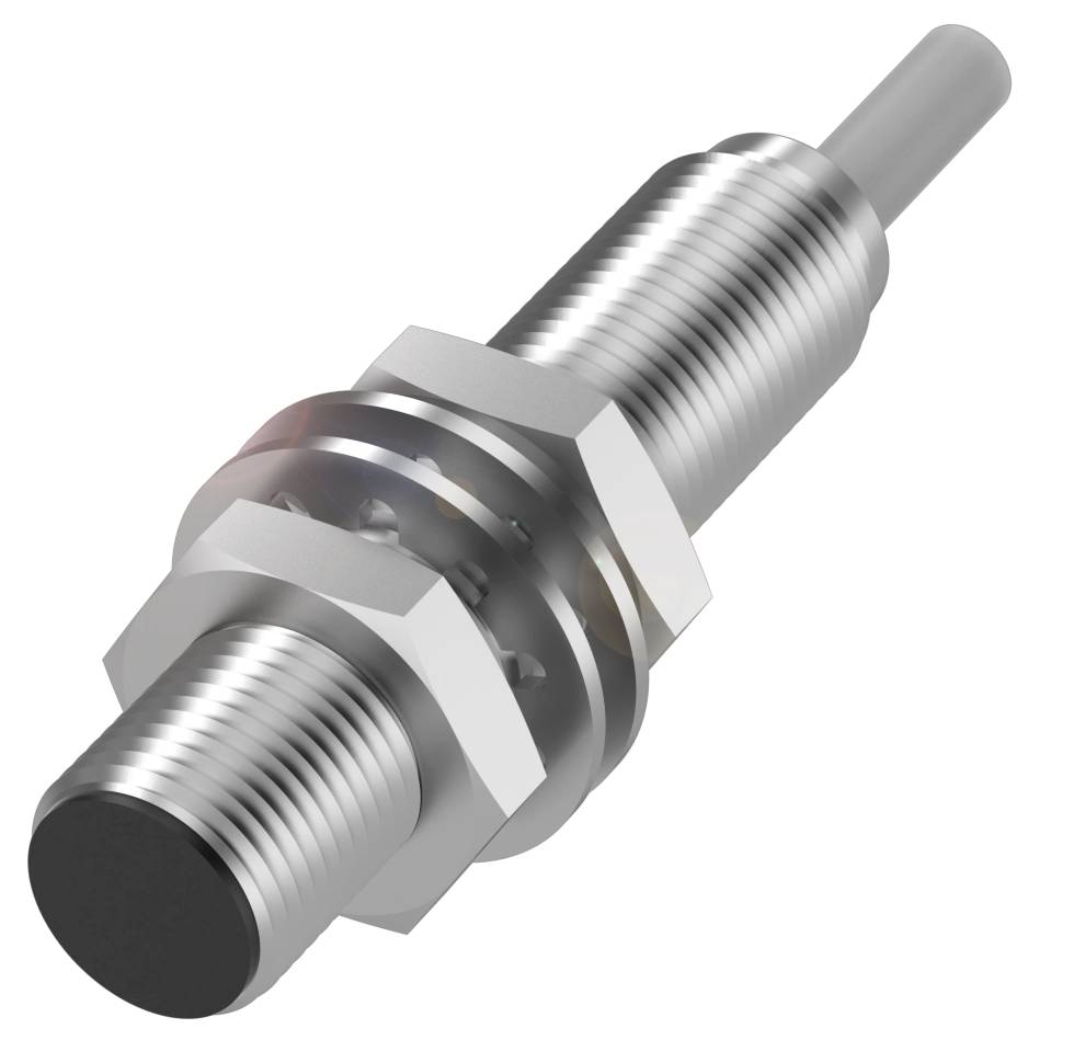 Ein zylindrischer Metallsensor mit Gewinde, Muttern und Anschlüssen, typischerweise verwendet für industrielle Anwendungen zur Positions- oder Näherungserkennung.