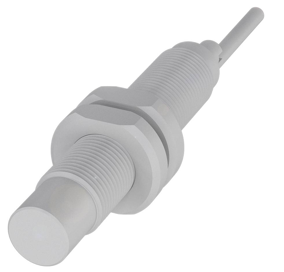 Ein zylindrischer Sensor mit Gewinde und Anschlusskabel. Hauptsächlich in industriellen Anwendungen zur Objekterkennung genutzt.