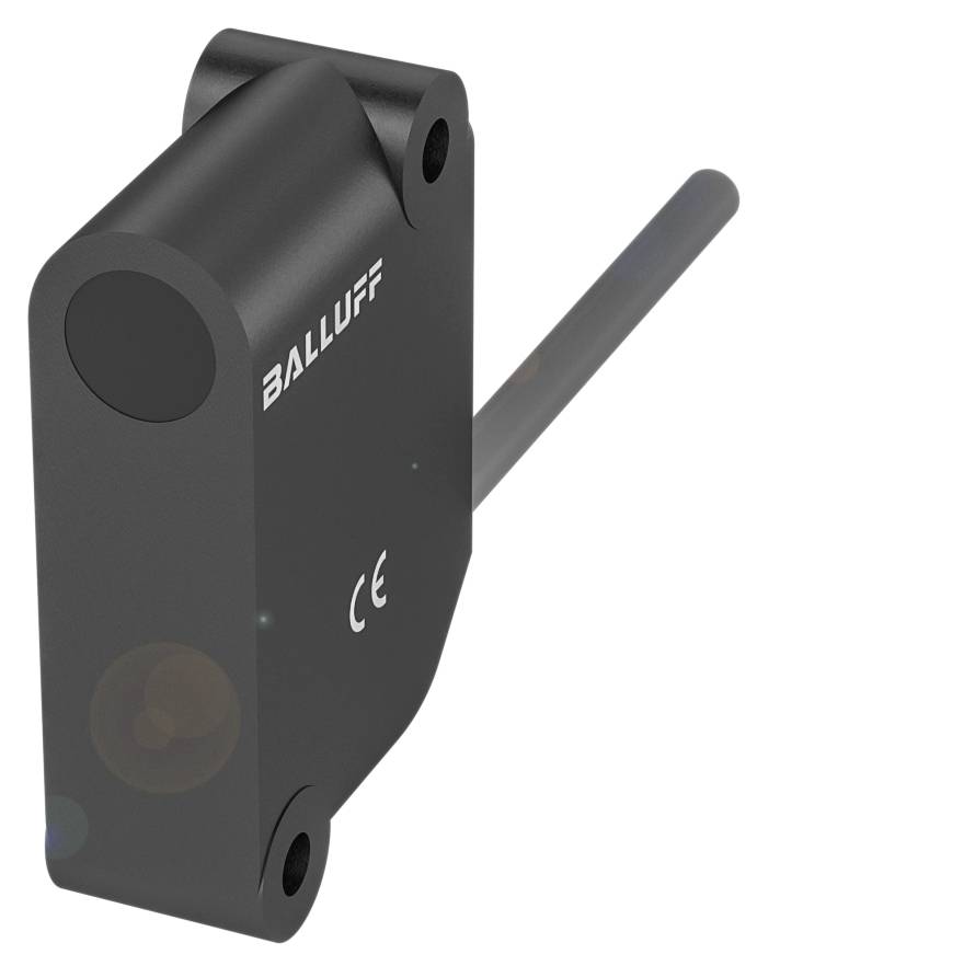 Ein rechteckiger Sensor mit einem Kabel auf der Rückseite, markiert mit 'Balluff' und CE-Zeichen.