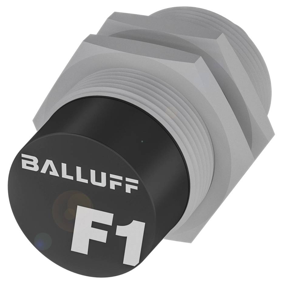 Ein zylinderförmiger Sensor mit der Aufschrift 'Balluff F1', umgeben von einem sechskantigen Befestigungsring.