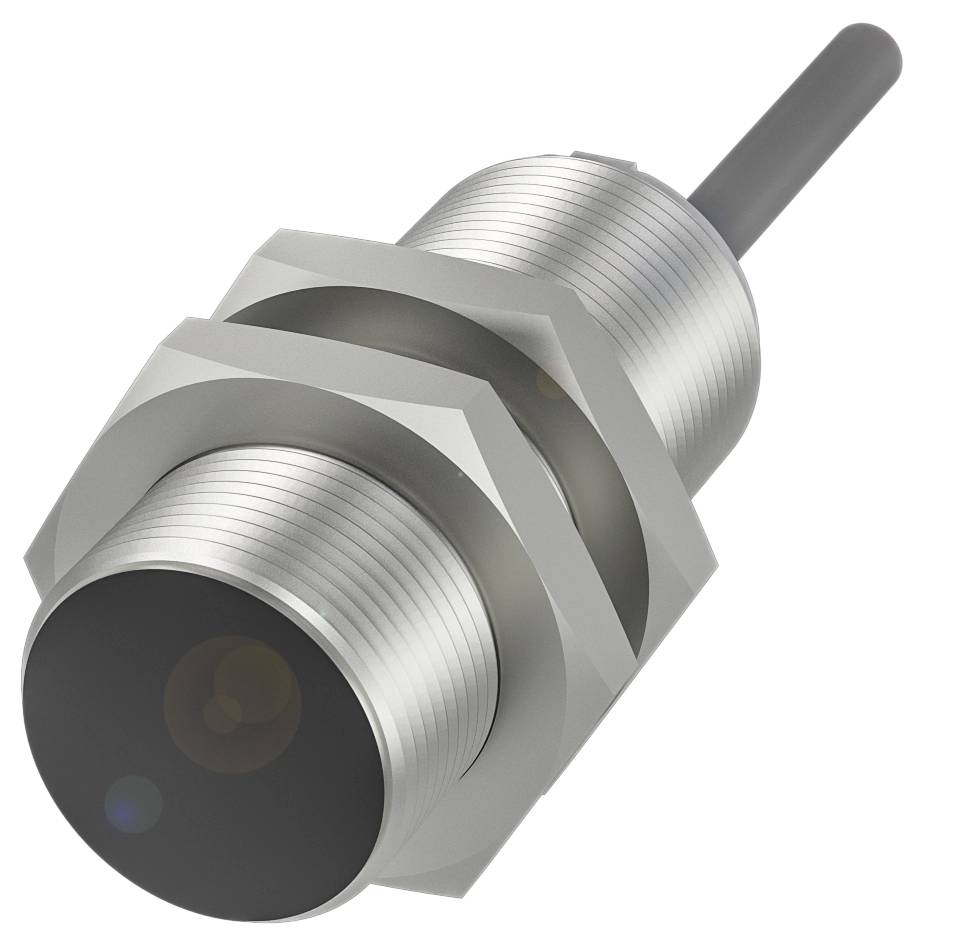 Ein zylindrischer Metallnäherungssensor mit Gewinde und schwarzer Frontplatte. Ein Kabel verläuft von der Rückseite.