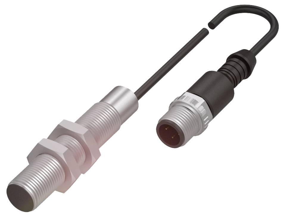 Zylindrischer Näherungssensor mit Buchsenanschluss. Der Sensor wird verwendet, um Objekte ohne physischen Kontakt zu erkennen.