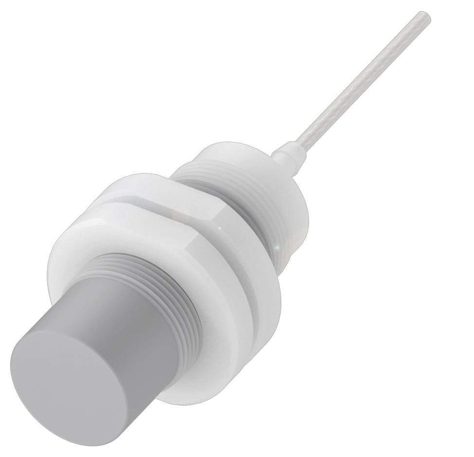 Ein weißer zylindrischer Kunststoffsensor mit Gewinde und Kabel, geeignet für Anwendungen zur Abstandserkennung oder Positionsermittlung.
