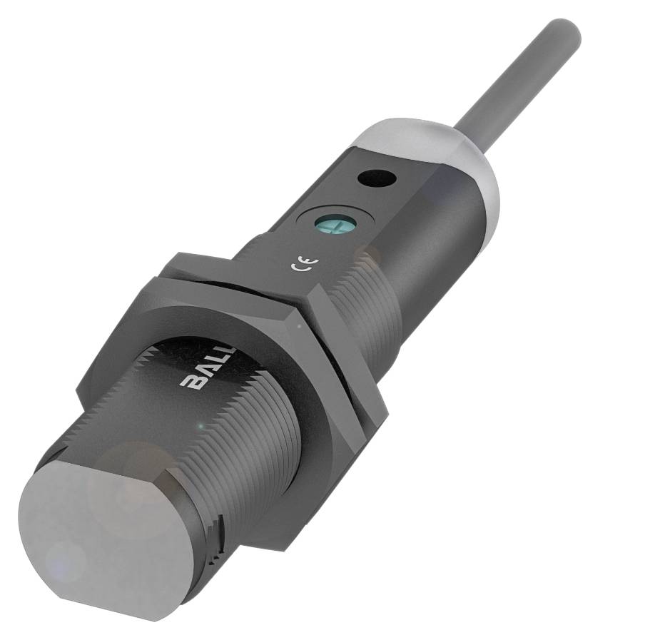Ein zylindrischer Sensor mit schwarzem Gehäuse und aufgedrucktem Logo. Er verfügt über ein Befestigungsgewinde und ein Anschlusskabel.