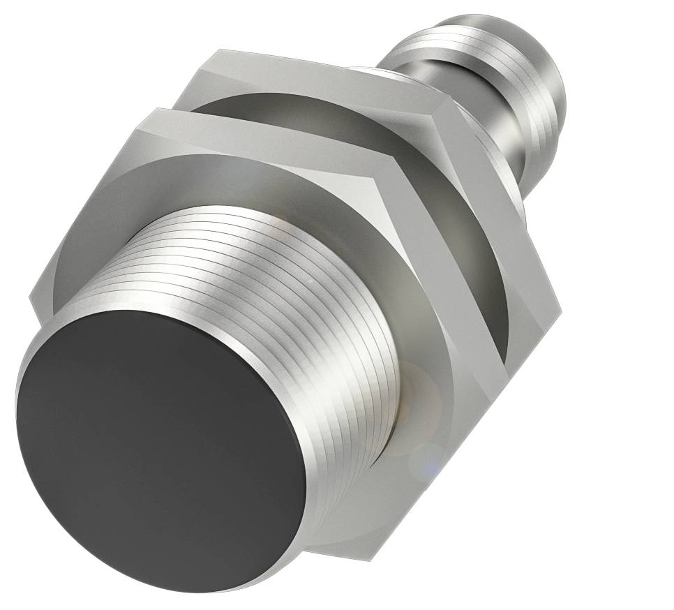 Metallischer zylindrischer Sensor mit Gewinde und hexagonalem Basisring, möglicherweise ein Näherungssensor.