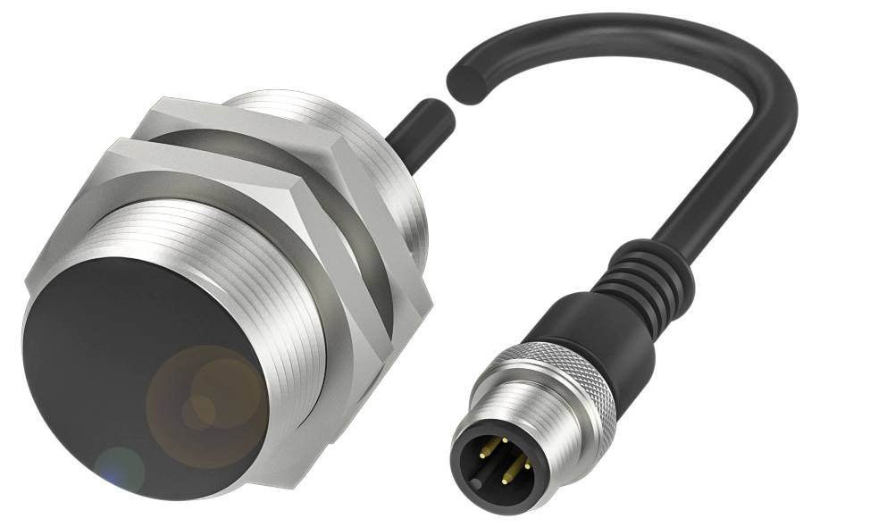 Ein zylindrischer Sensor mit Gewinde und schwarzem Kabelanschluss. Der Sensor hat ein Metallgehäuse und ist für Industrieanwendungen geeignet.