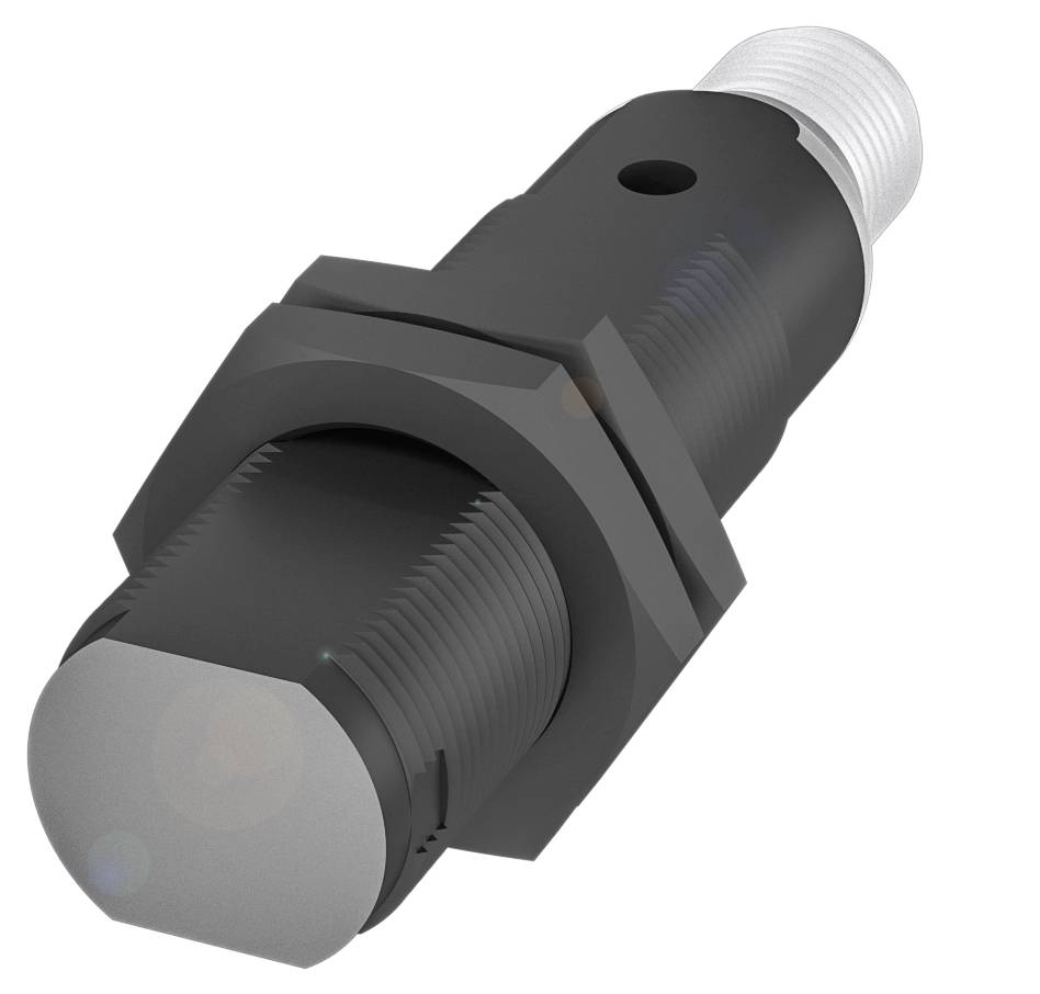 Ein zylindrischer Sensor mit Sechskantmutter und gerilltem Gehäuse.