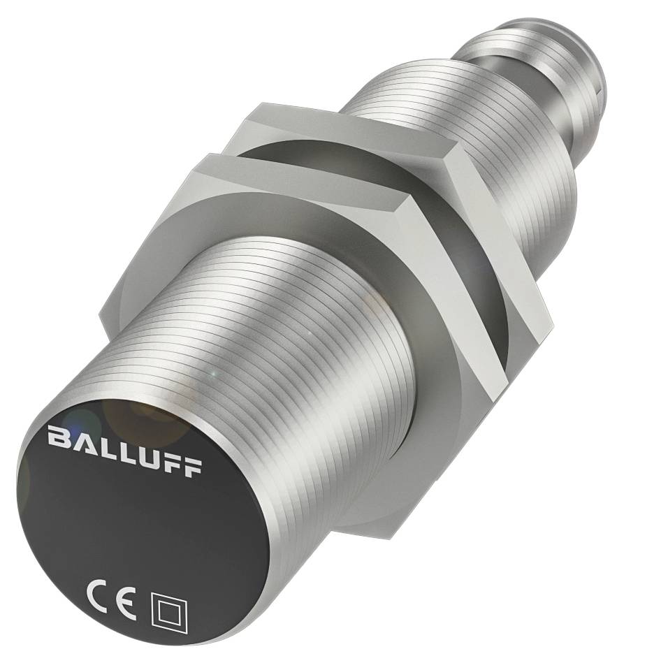 Ein zylindrischer Sensor der Marke Balluff, aus Metall, mit Gewinde und Sicht auf die CE-Kennzeichnung am vorderen Ende.