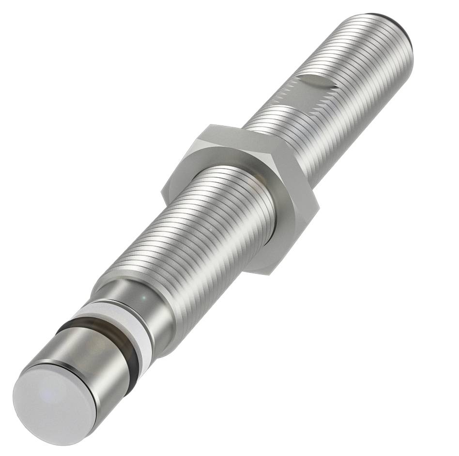 Zylinderförmiger Näherungssensor aus Metall mit geripptem Gehäuse, Schraubgewinde und Kunststoffspitze, verwendet in Automatisierungstechnik.
