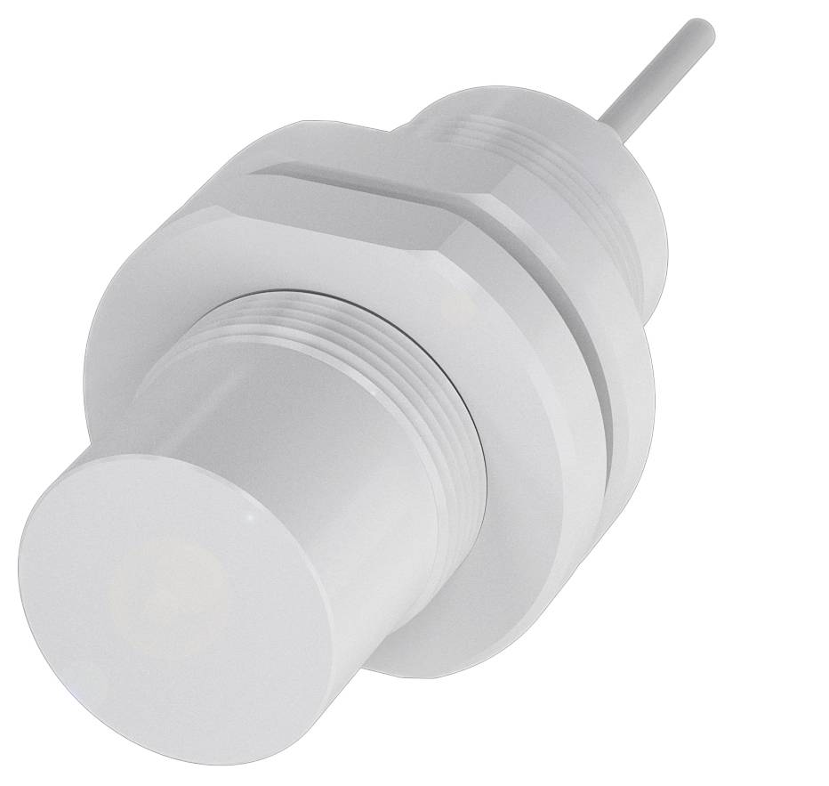 Ein zylindrischer Sensor mit Gewinde, hauptsächlich in Weiß gehalten. Es ist ein berührungsloser Näherungssensor.