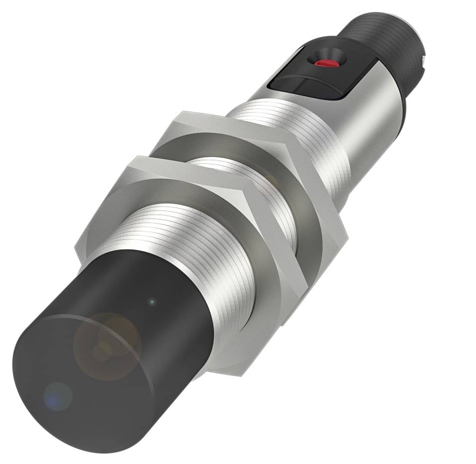 Ein zylindrischer, metallischer Näherungssensor mit schwarzer Spitze und rotem Indikator auf der Oberseite, geeignet für Industrieumgebungen.