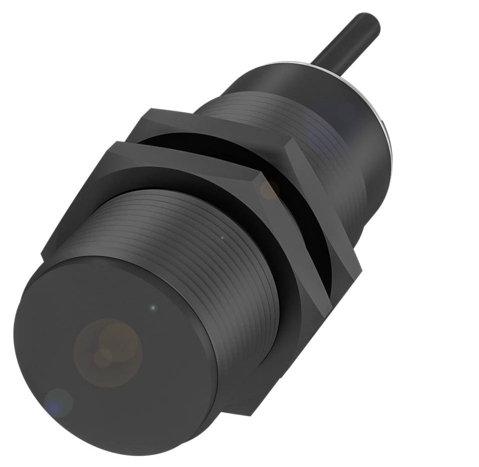 Ein schwarzer zylindrischer Sensor mit Kabelanschluss und Gewinde zur Befestigung. Entworfen für industrielle Anwendungen.