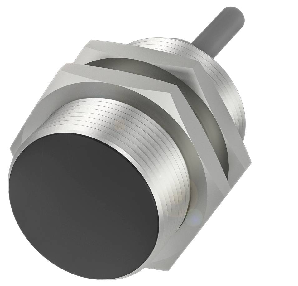 Metallsensor in Zylinderform mit abgerundetem schwarzen Kopf, Gewinde und Befestigungsmutter, geeignet für industrielle Anwendungen.
