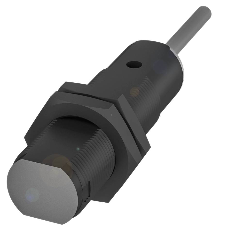 Ein zylindrischer, schwarzer Sensor mit Kabelanschluss; für industrielle Anwendungen zur Objekterkennung.