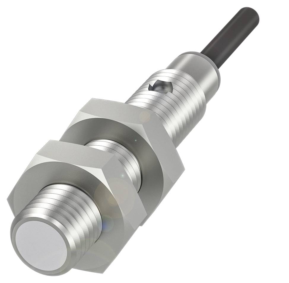 Ein zylindrischer Näherungssensor aus Metall mit Gewinde und zwei Sechskantmuttern, geeignet für industrielle Anwendungen.