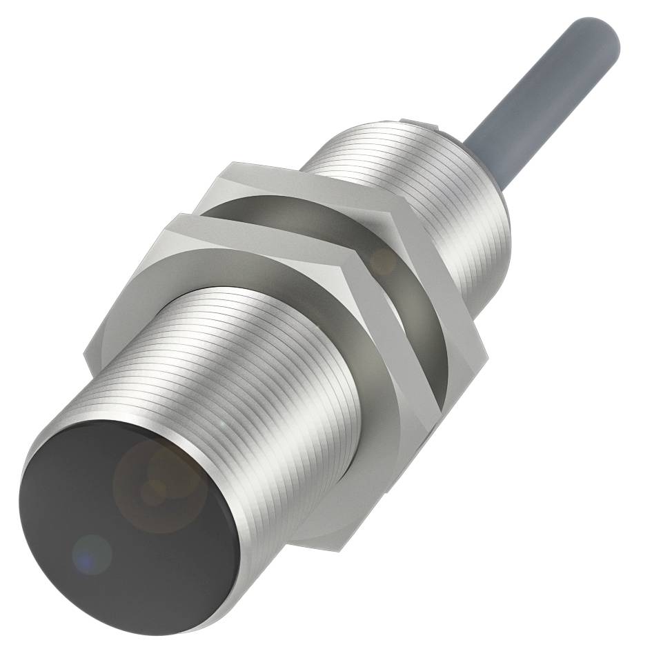 Zylindrischer, metallischer Näherungssensor mit Gewinde, schwarzer Vorderfläche und Kabelanschluss, geeignet für industrielle Anwendungen.
