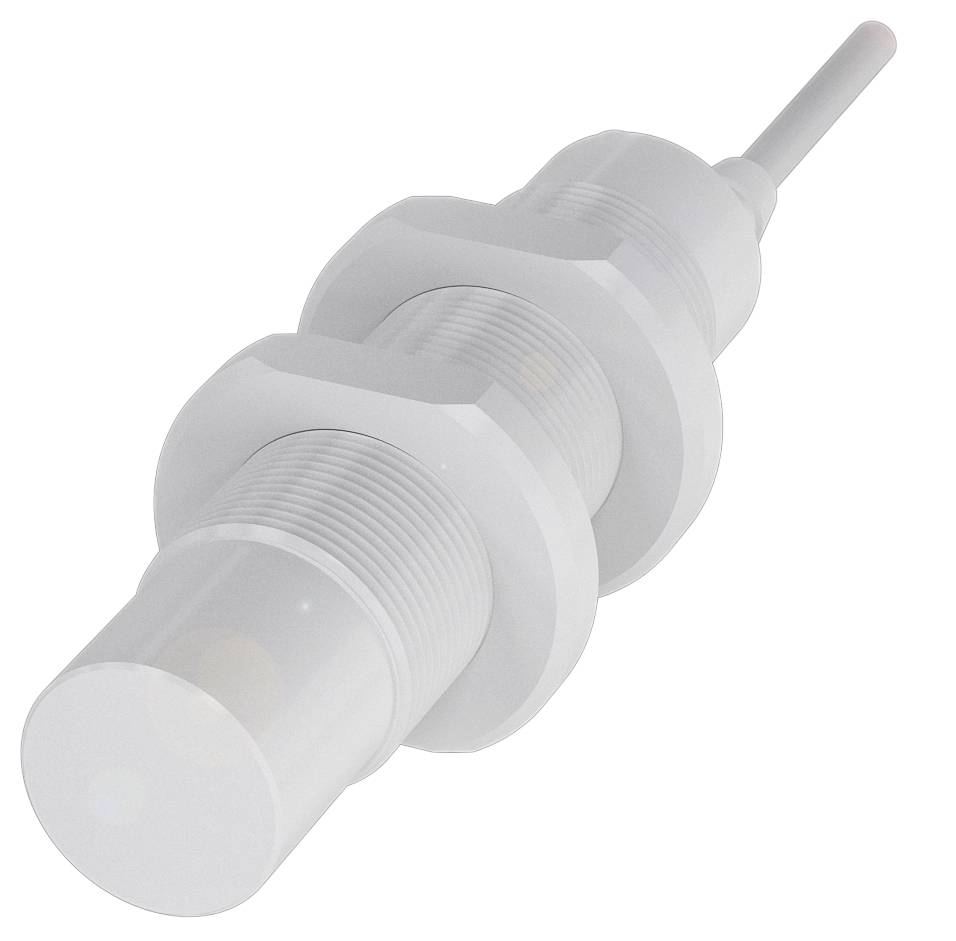 Ein Sensor mit zylindrischem Gehäuse, ausgestattet mit Gewindeverbindung und Kabel. Geeignet für industrielle Anwendungen.
