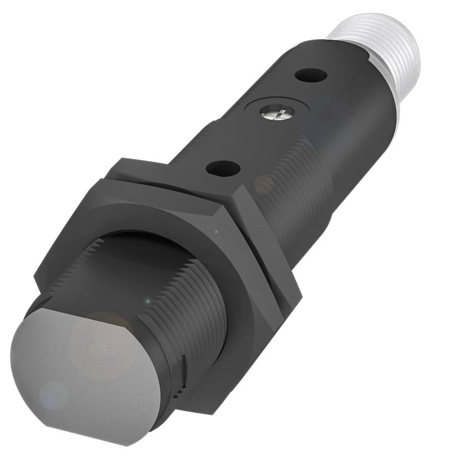 Schwarzer zylindrischer Sensor mit Gewinde und Kabelanschluss, verwendet zur Erkennung in Automatisierungssystemen.