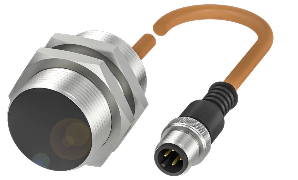 Ein zylindrischer Metallsensor mit schwarzer Spitze und ein orangefarbenes Spiralkabel mit rundem Stecker.