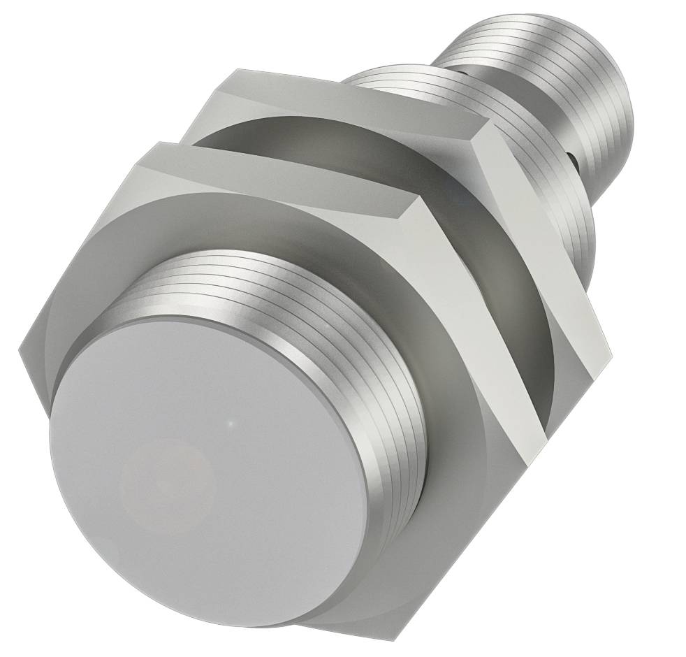 Zylindrischer Metallgegenstand mit Gewinderingen, vermutlich ein Sensorkomponent, in silberner Farbe.