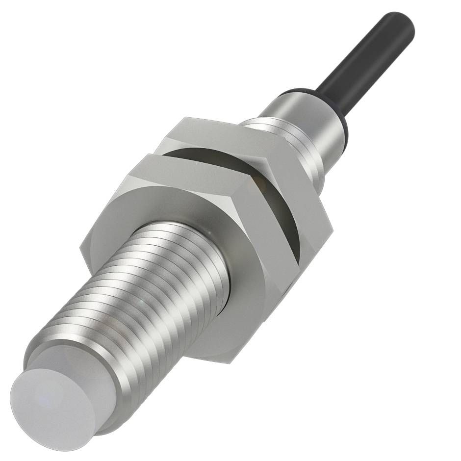 Zylindrischer, metallischer Näherungssensor mit Gewinde und schwarzem Kabel, verwendet zur Objektdetektion ohne physischen Kontakt.