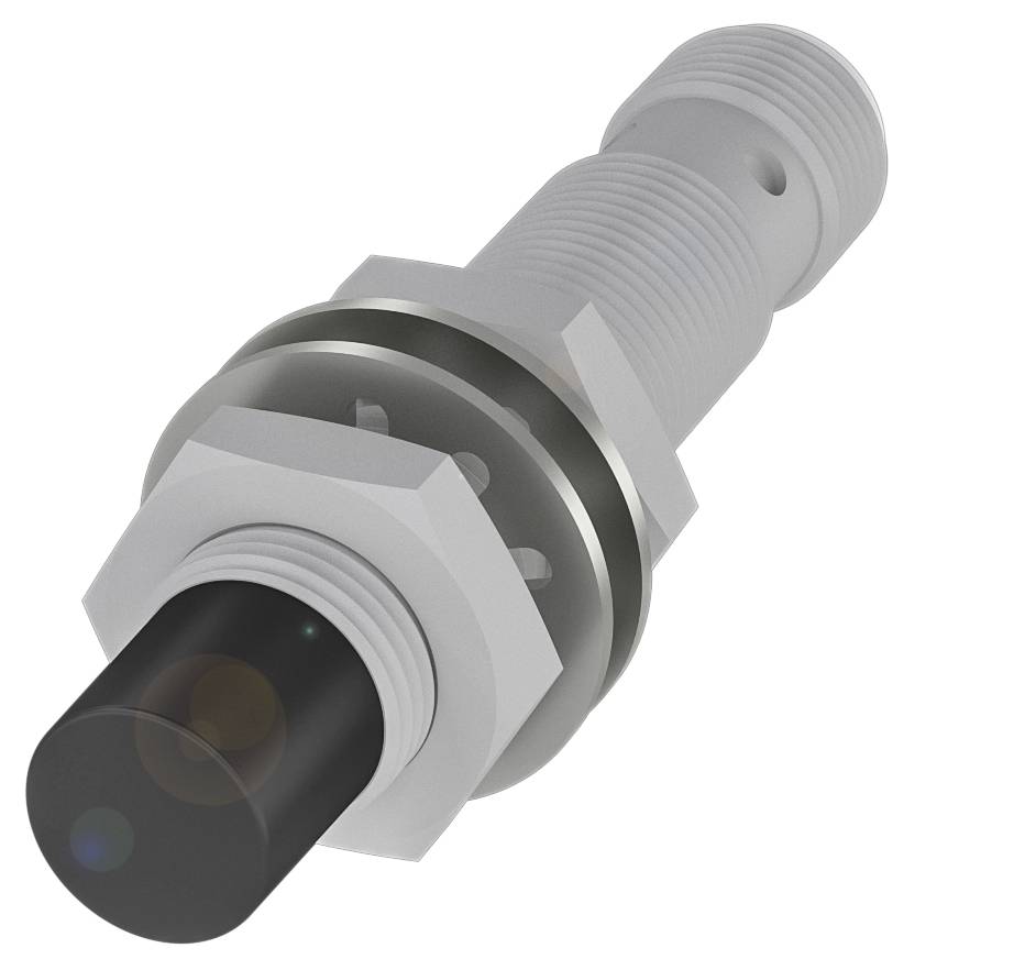 Zylindrischer induktiver Näherungssensor mit Gewinde, metallischem Schraubkopf und schwarzem Kunststoffende.