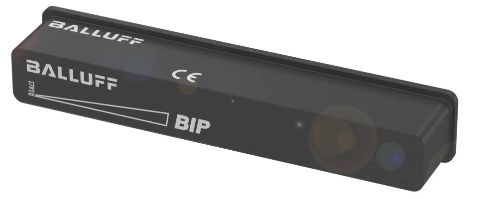 Ein langes, schwarzes Sensorgehäuse mit der Aufschrift 'BALLUFF BIP'. An der Seite sind ein CE-Zeichen und ein Symbol für die Ausrichtung.