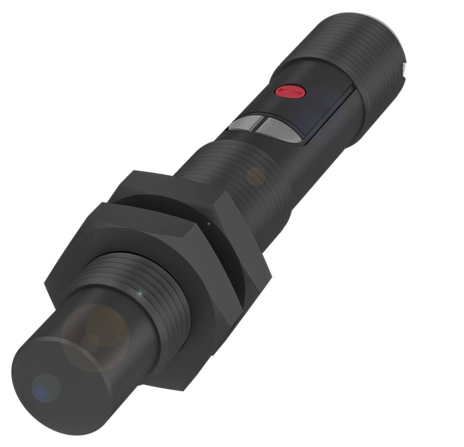 Ein schwarzer zylindrischer Sensor mit rotem Knopf und zwei Befestigungsmuttern, vermutlich ein optoelektronischer Sensor.