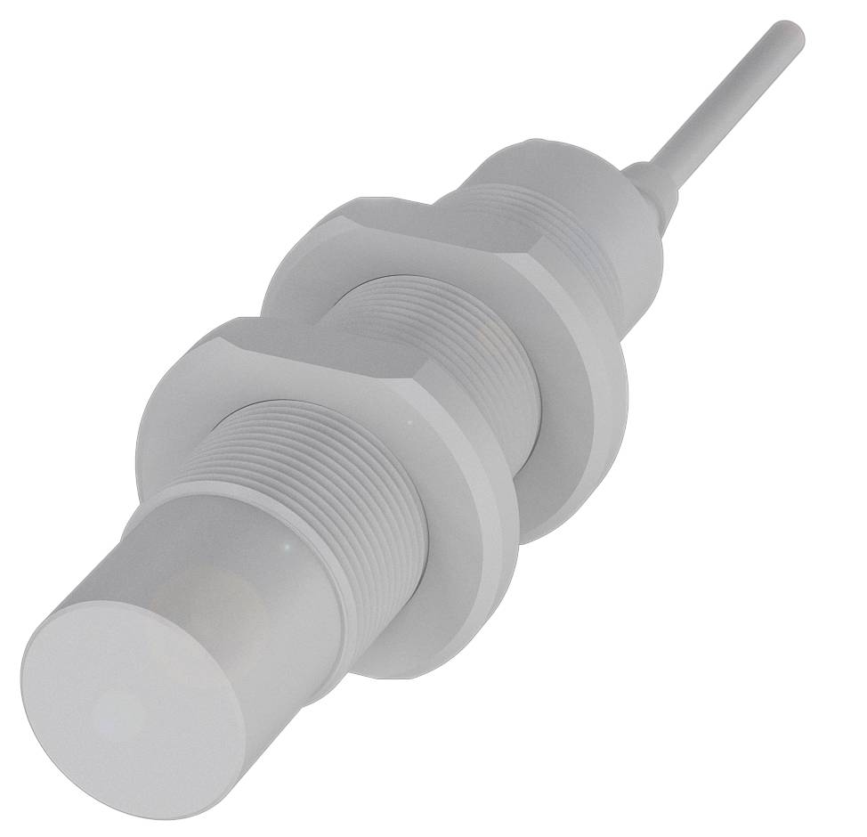 Ein zylindrischer, grauer Kunststoffsensor mit zwei Muttern zur Befestigung und einem Kabel zur Verbindung. Verwendet in Industrieanwendungen.