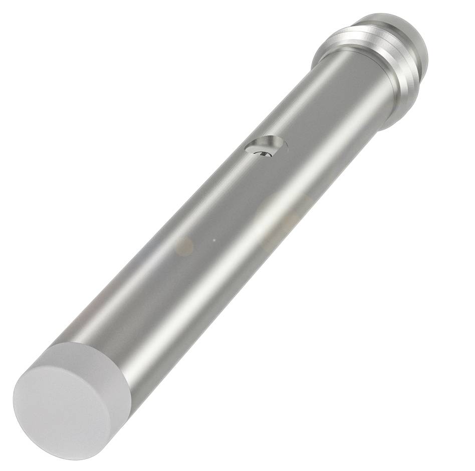 Ein silberner Metallzylinder, glatt und glänzend, mit einem kleinen Schlitz in der Mitte; möglicherweise ein technisches Bauteil.