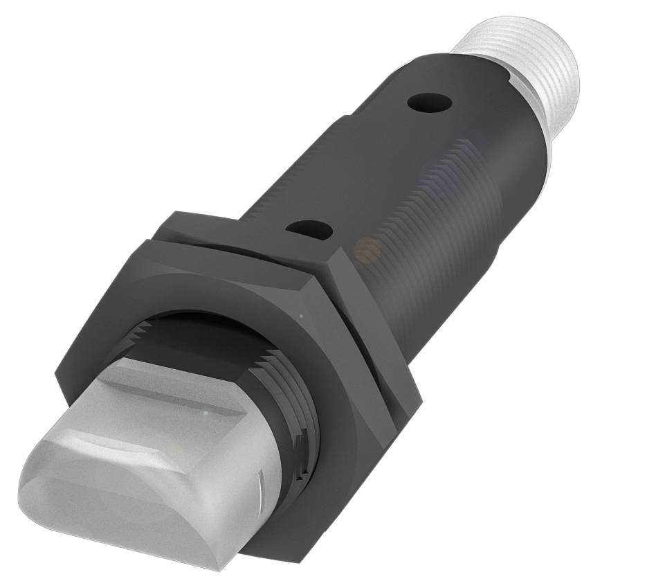 Ein zylindrischer Sensor mit einem rechteckigen Ende und einem Gewinde auf der anderen Seite, geeignet zur präzisen Objekterkennung.