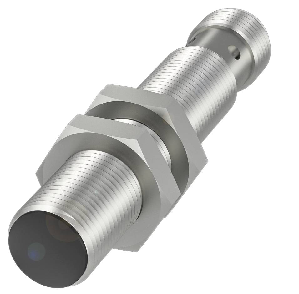 Zylindrischer Metallsensor mit geriffelter Oberfläche, zwei Schraubmuttern und einem glatten, runden Ende.用于检测物体或 Positionen.