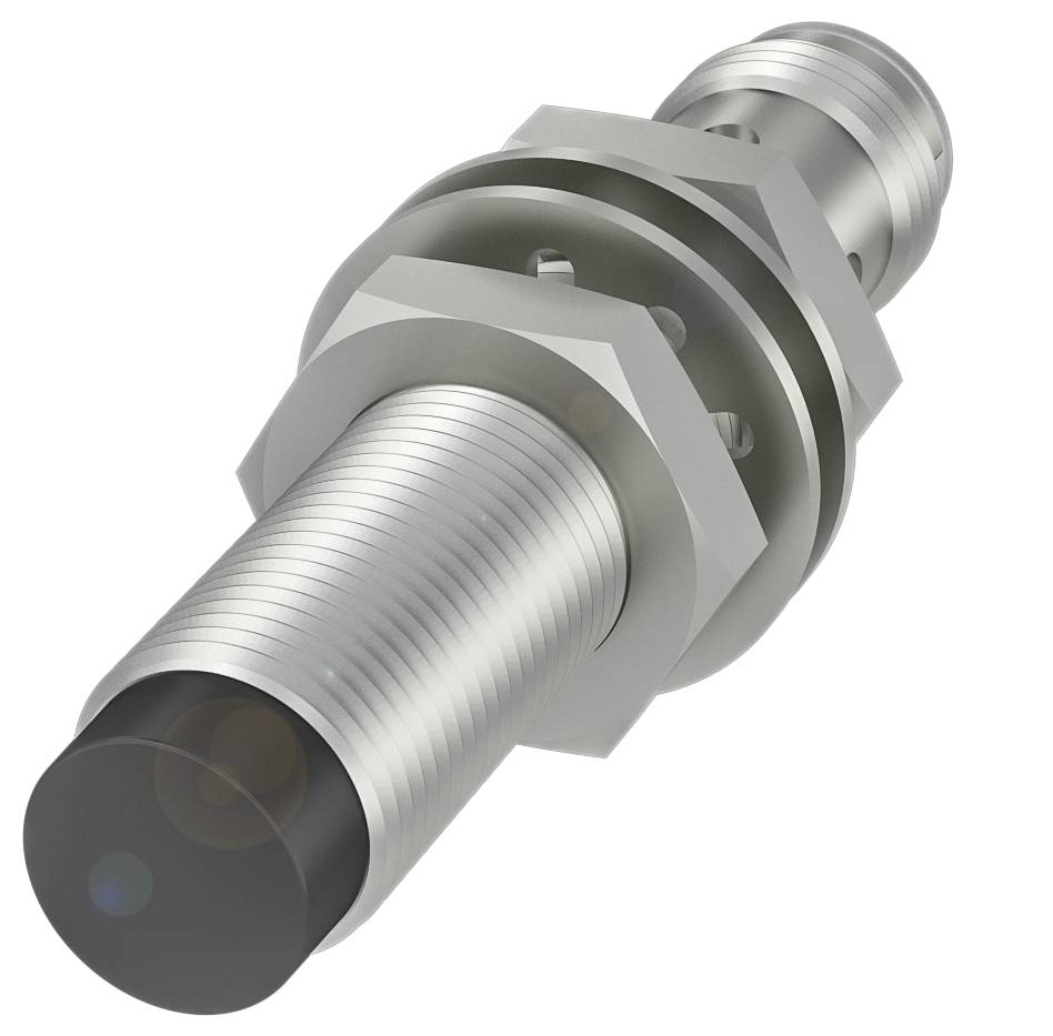 Zylinderförmiger Sensor in Metallhülse mit Gewinde und sechseckigem Mutterring, geeignet für industrielle Anwendungen und Maschinen.