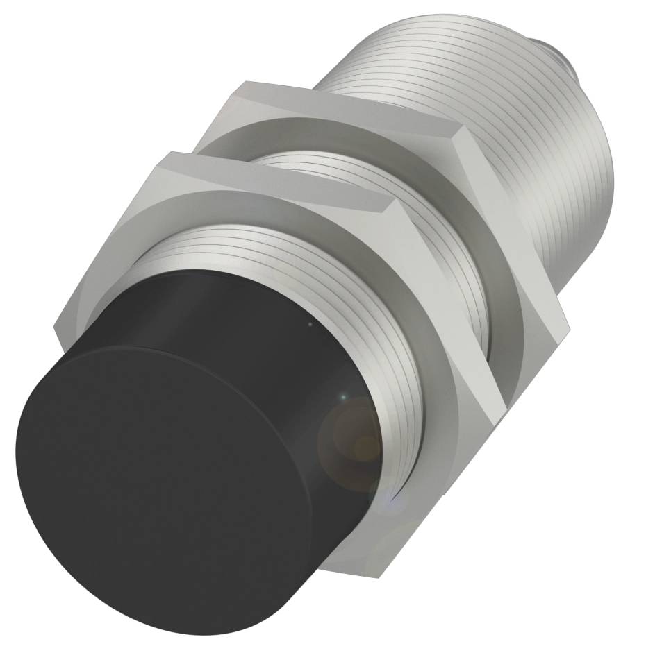 Ein zylindrischer, metallischer Sensor mit schwarzer Spitze, zwei Sechskantmuttern und gerilltem Gehäuse, schräg von der Seite gesehen.
