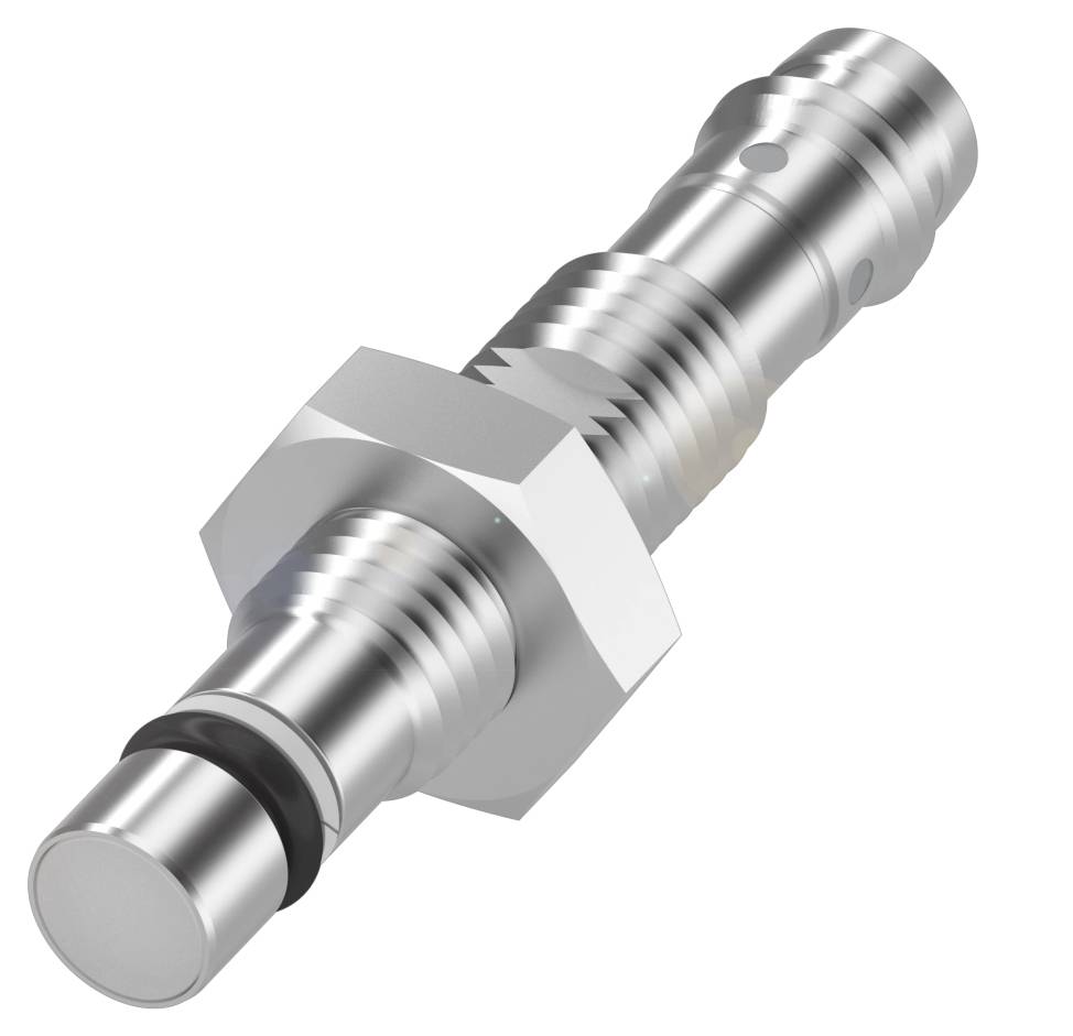 Ein Metall-Hydraulikventilstößel in zylindrischer Form mit Gewinde, zwei Dichtungen und mehreren Abschnitten mit unterschiedlichem Durchmesser.