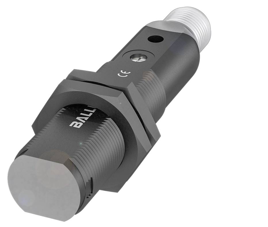 Ein zylindrischer Sensor in Schwarz mit Gewinde und Steckeranschluss, geeignet für industrielle Anwendungen.