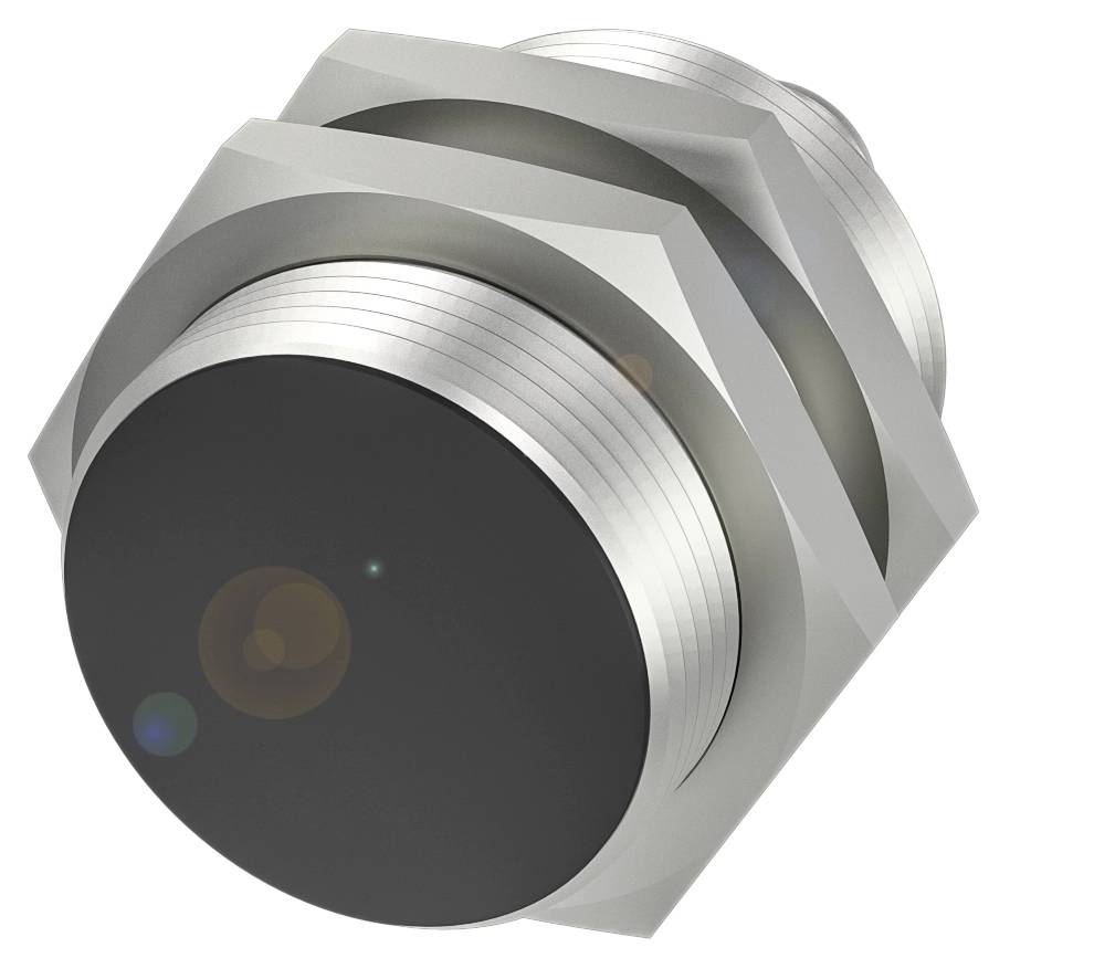 Zylindrischer Metallknopf mit schwarzer Oberfläche und silbernen Kanten, möglicherweise ein Teil eines mechanischen oder elektronischen Geräts.
