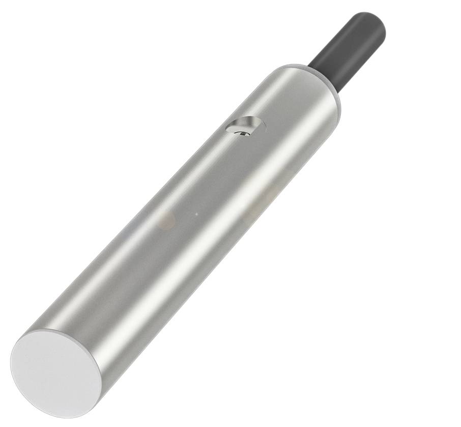 Ein silbernes, zylindrisches Vape-Gerät mit schwarzem Mundstück, seitlichem Knopf und schlankem Design.