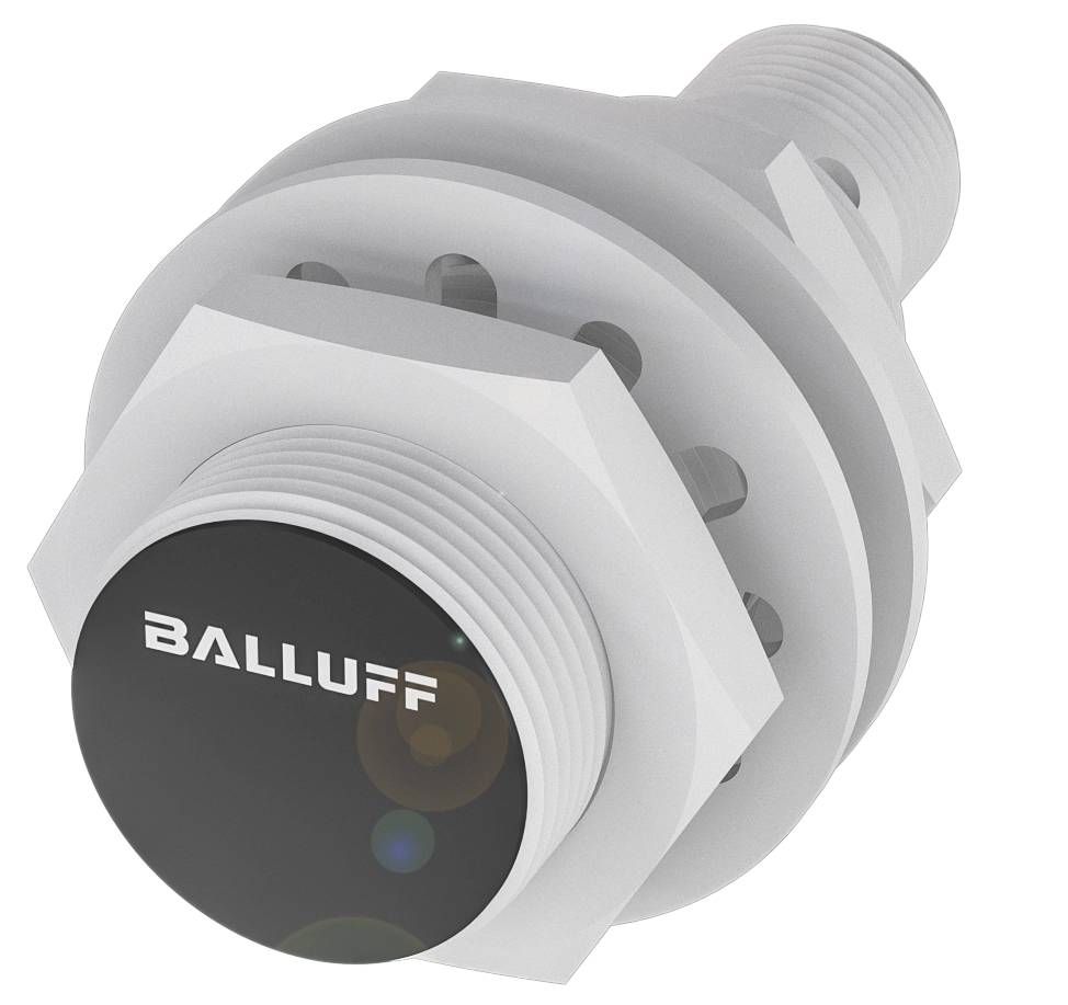 Ein zylindrischer Induktivsensor von Balluff mit Gewinde und schwarzer Vorderseite. Genutzt für präzise Positionsmessung.