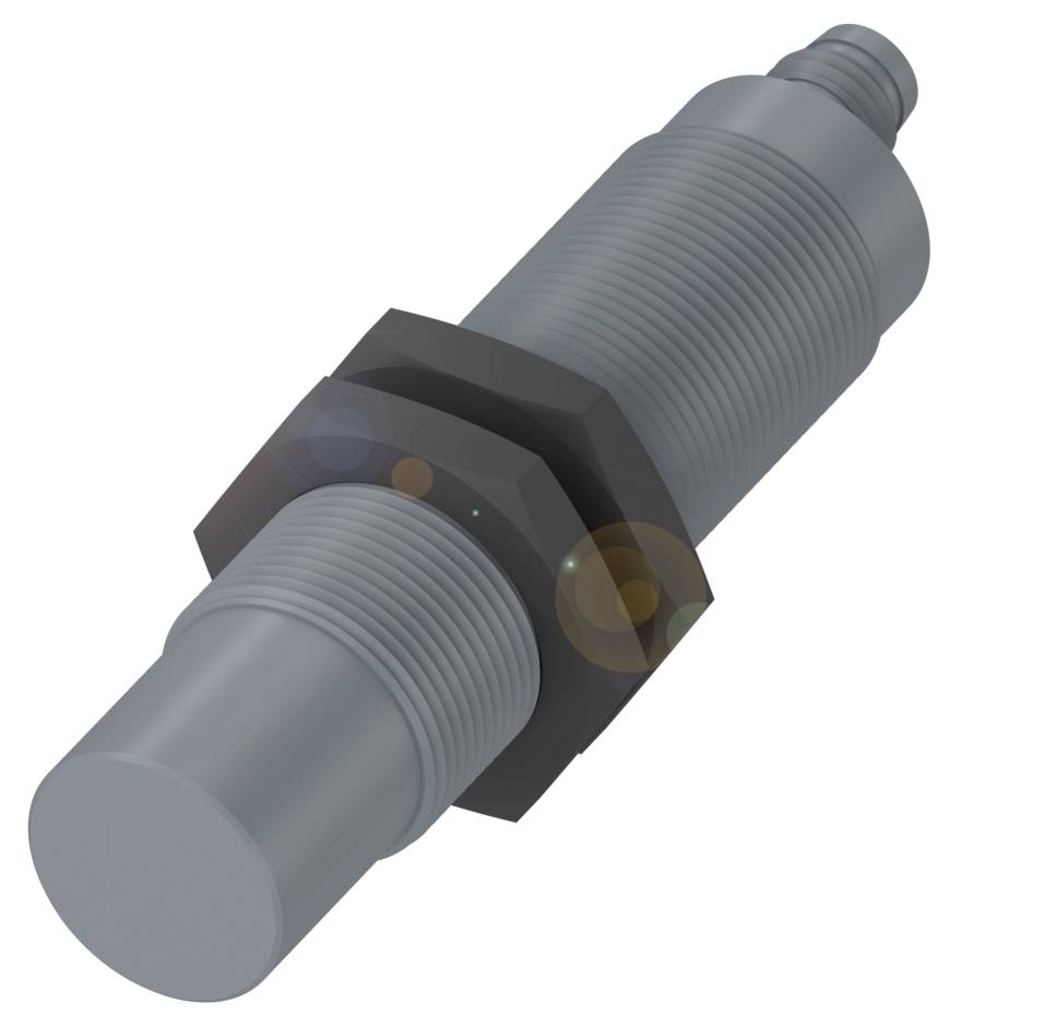 Zylindrischer, metallischer Sensor mit einem Gewinde und einer Sechskantmutter zur Befestigung.