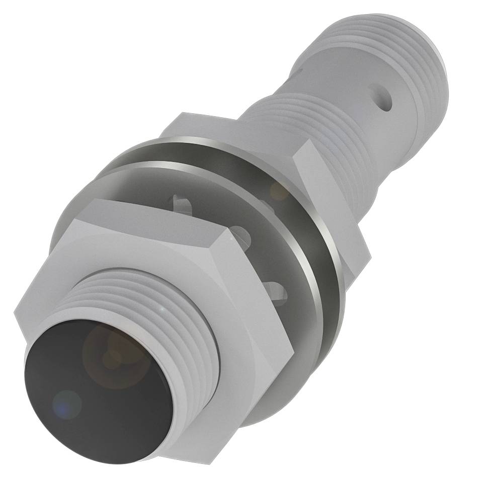 Ein zylindrischer Näherungssensor mit hexagonaler Schraubbefestigung und metallischem Gehäuse, abgestuft für präzise Erfassung.