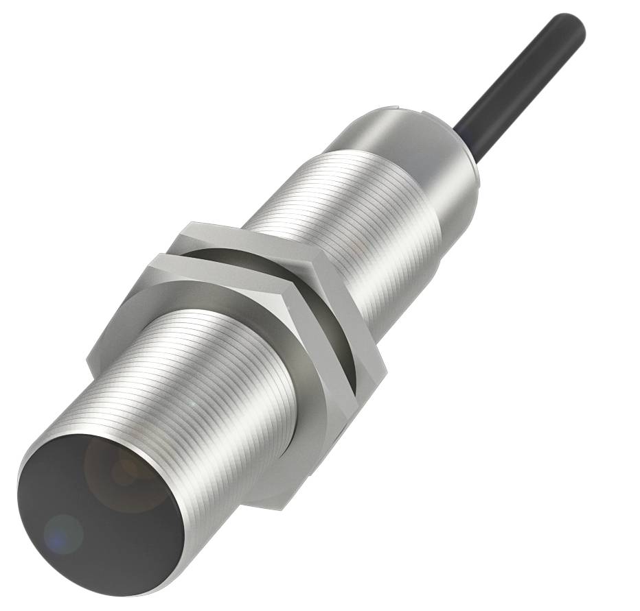 Zylindrischer Metallnäherungssensor mit geriffeltem Gehäuse und Kabel zum Anschluss.
