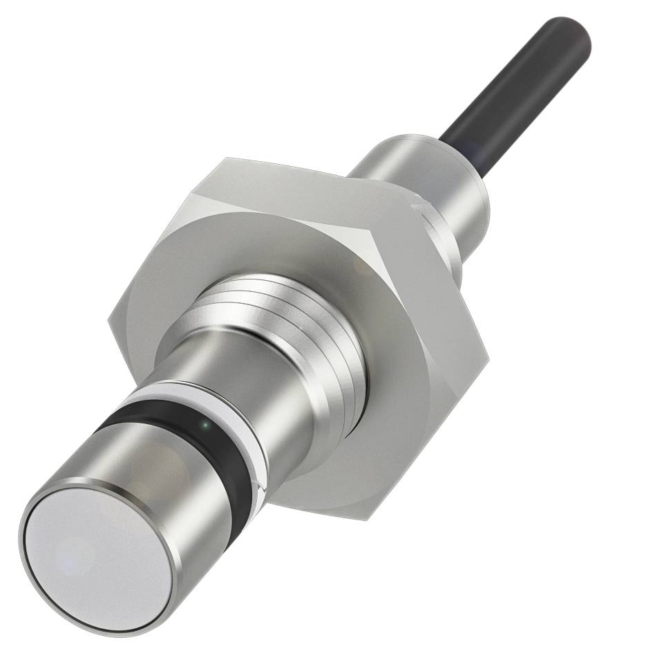Ein zylindrischer Näherungssensor aus Metall mit schwarzem Kabel, geeignet für industrielle Anwendungen zur Objektdetektion.