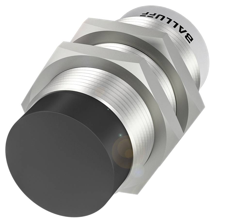 Ein zylindrischer Sensor mit schwarzer Vorderseite und verschraubtem Metallgehäuse. Markierung oben: 'BALLUFF'.