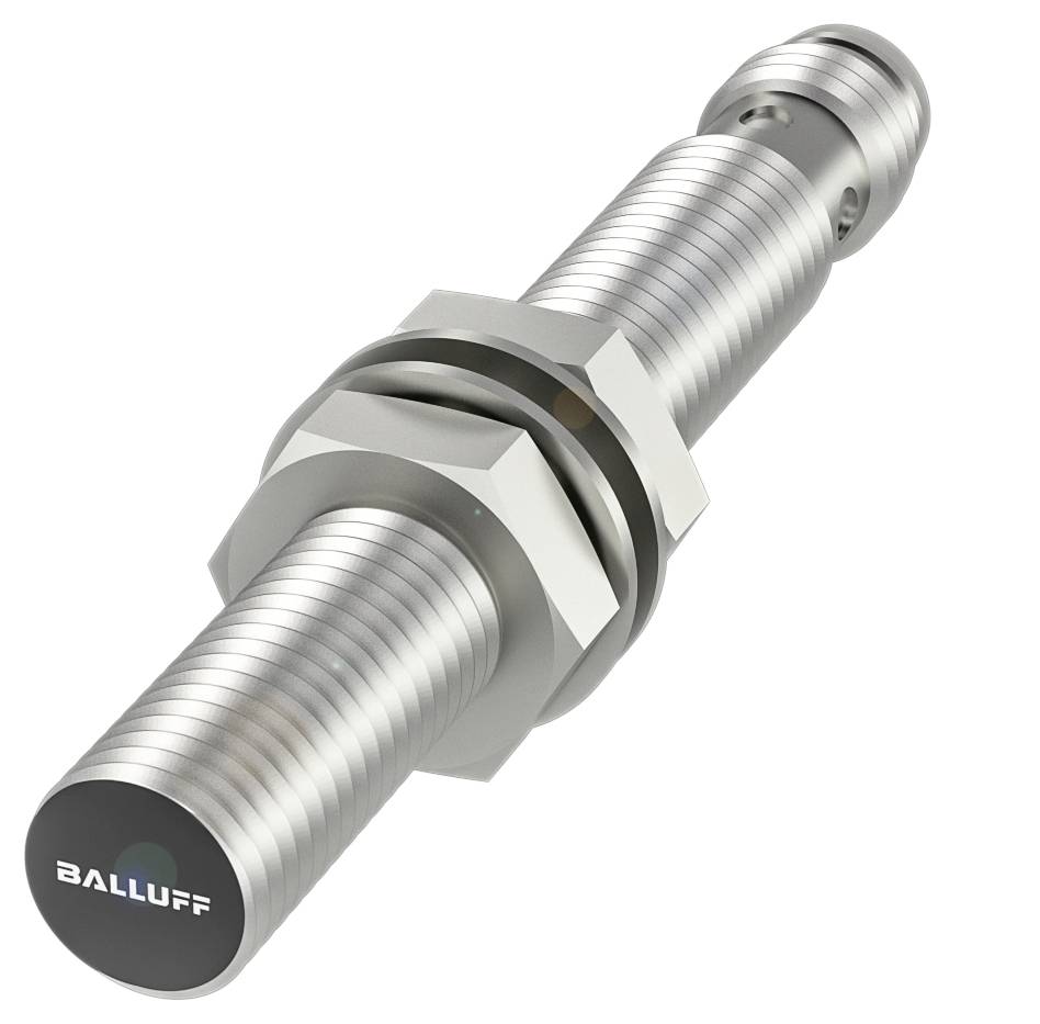 Zylindrischer Näherungssensor aus Metall mit Gewinde, Mutter und Logo der Firma Balluff auf der Stirnfläche.