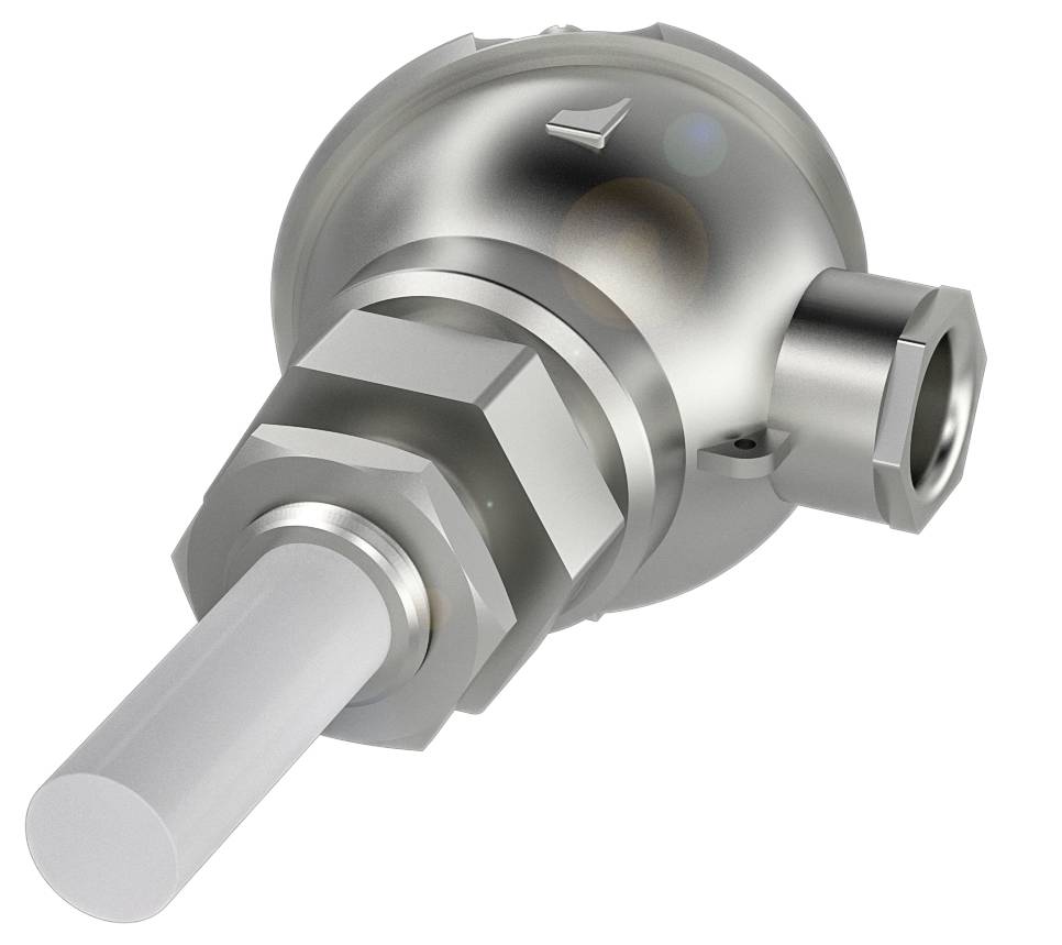 Ein metallisches industrielles Sensorgerät mit einem zylindrischen Gehäuse und Steckverbindung, geeignet für technische Anwendungen.
