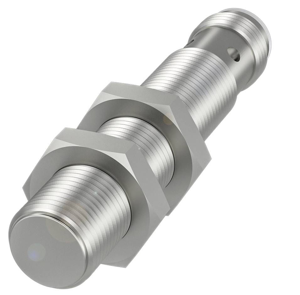 Ein zylindrischer Metallsensor mit Gewinde und zwei Muttern, vermutlich ein Induktionssensor, liegt diagonal im Bild.