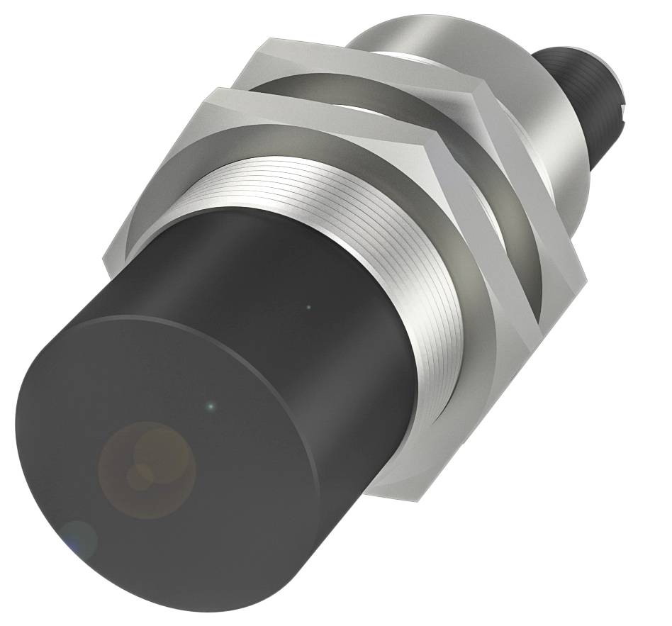 Ein zylindrischer metallischer Sensor mit schwarzer Spitze und Sechskantmutter für Befestigung. Verwendet in Industrieanwendungen.