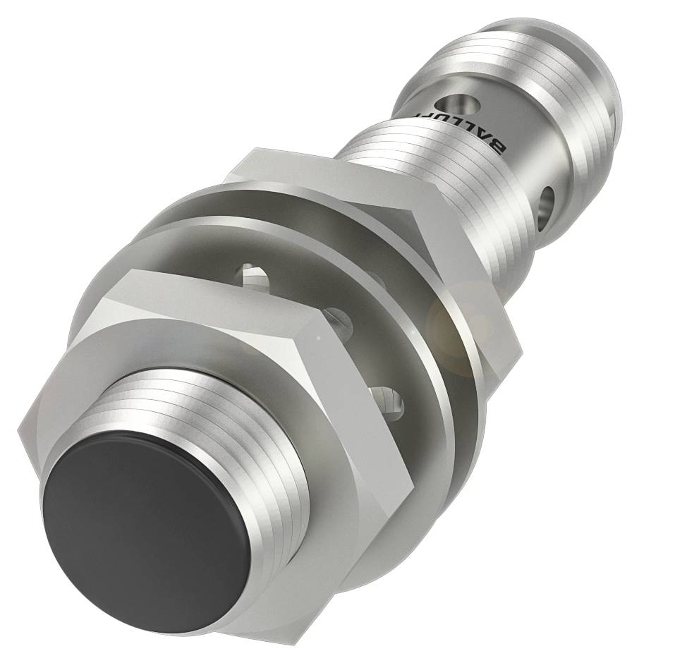 Ein zylindrischer, metallischer Sensor mit Gewinde und schwarzer Vorderfläche, geeignet für industrielle Anwendungen zur Objekterkennung.